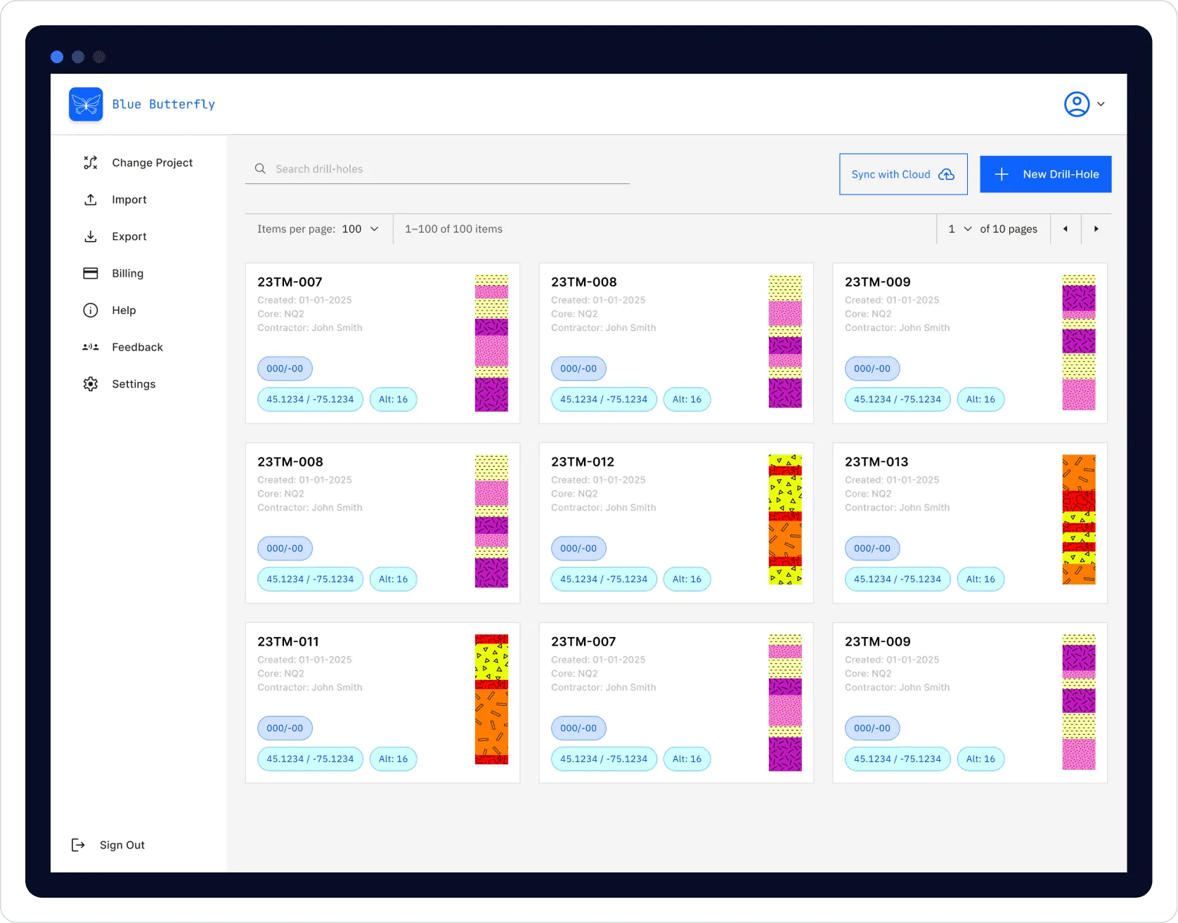 Blue Butterfly dashboard interface showing project management