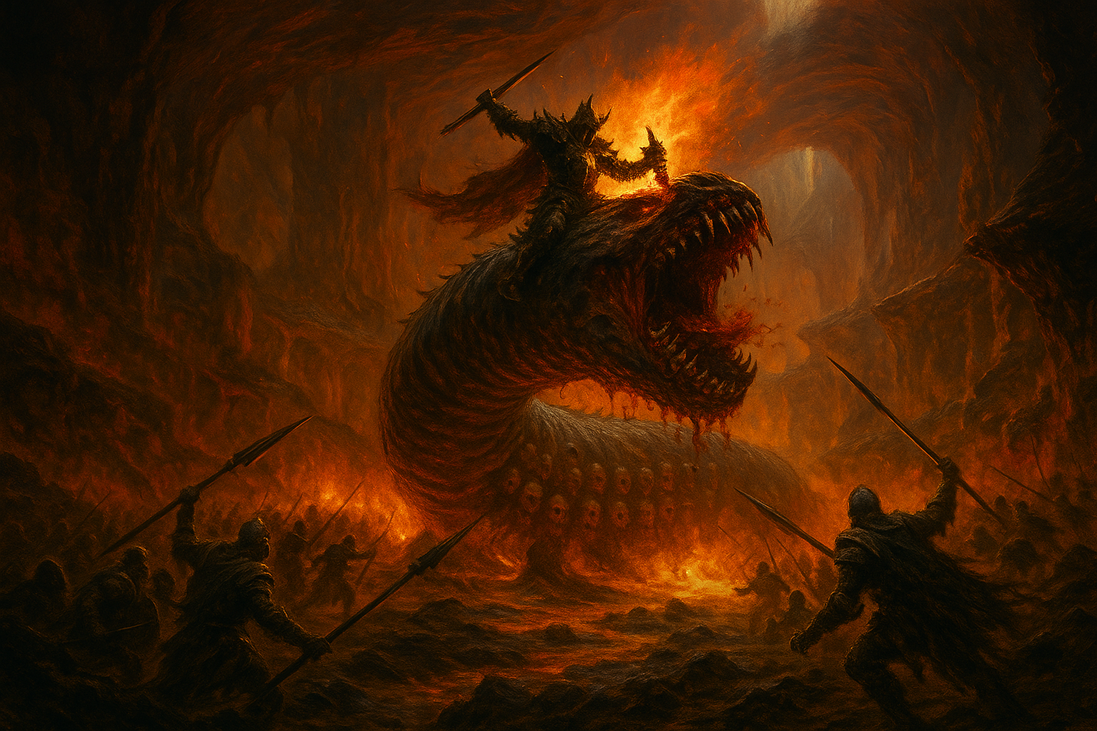 Epic battle scene with colossal serpent and armored rider