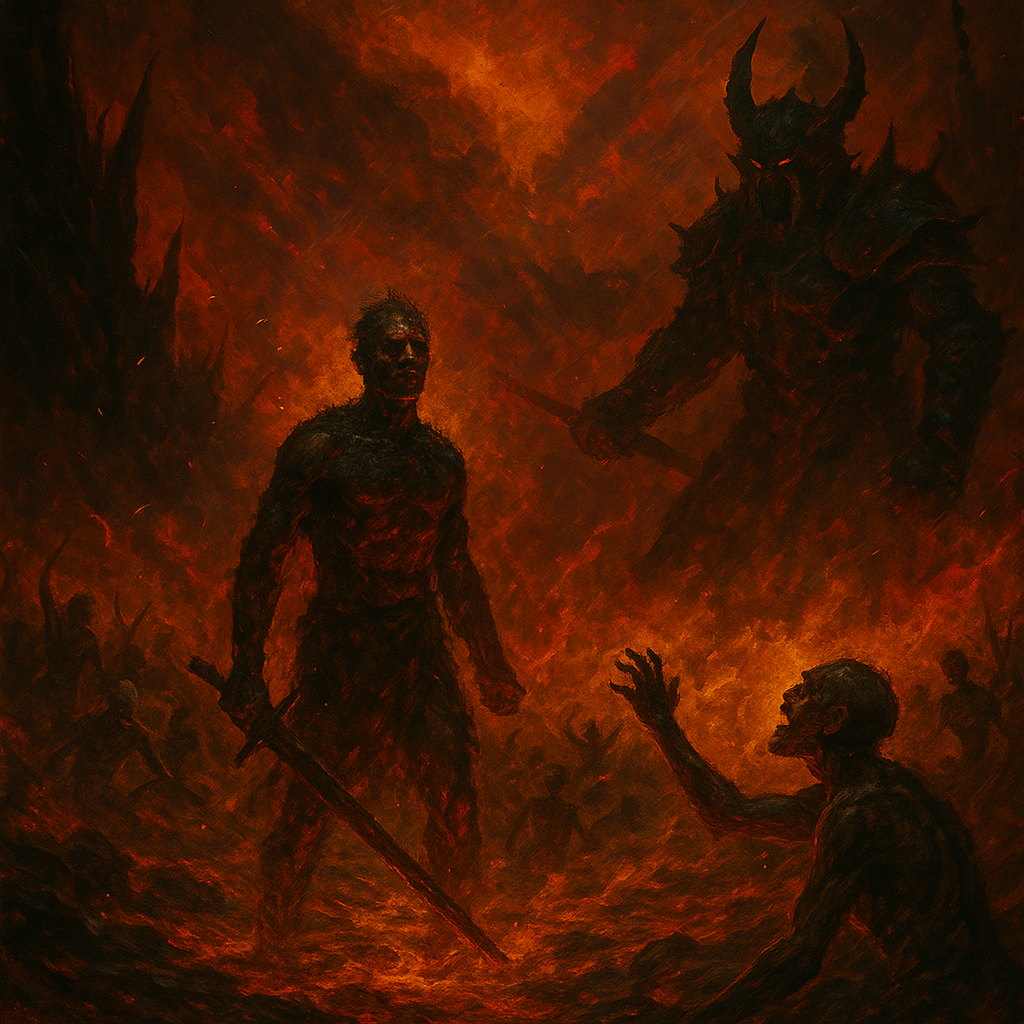 Epic infernal battlefield with warrior and horned figure