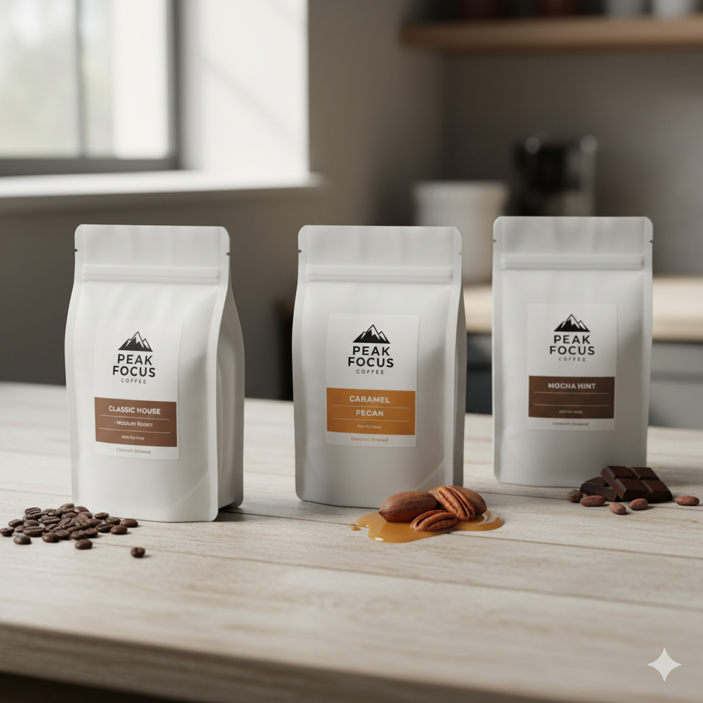 Peak Focus Coffee three-flavor lineup: Classic House, Caramel Pecan, and Mocha Hint