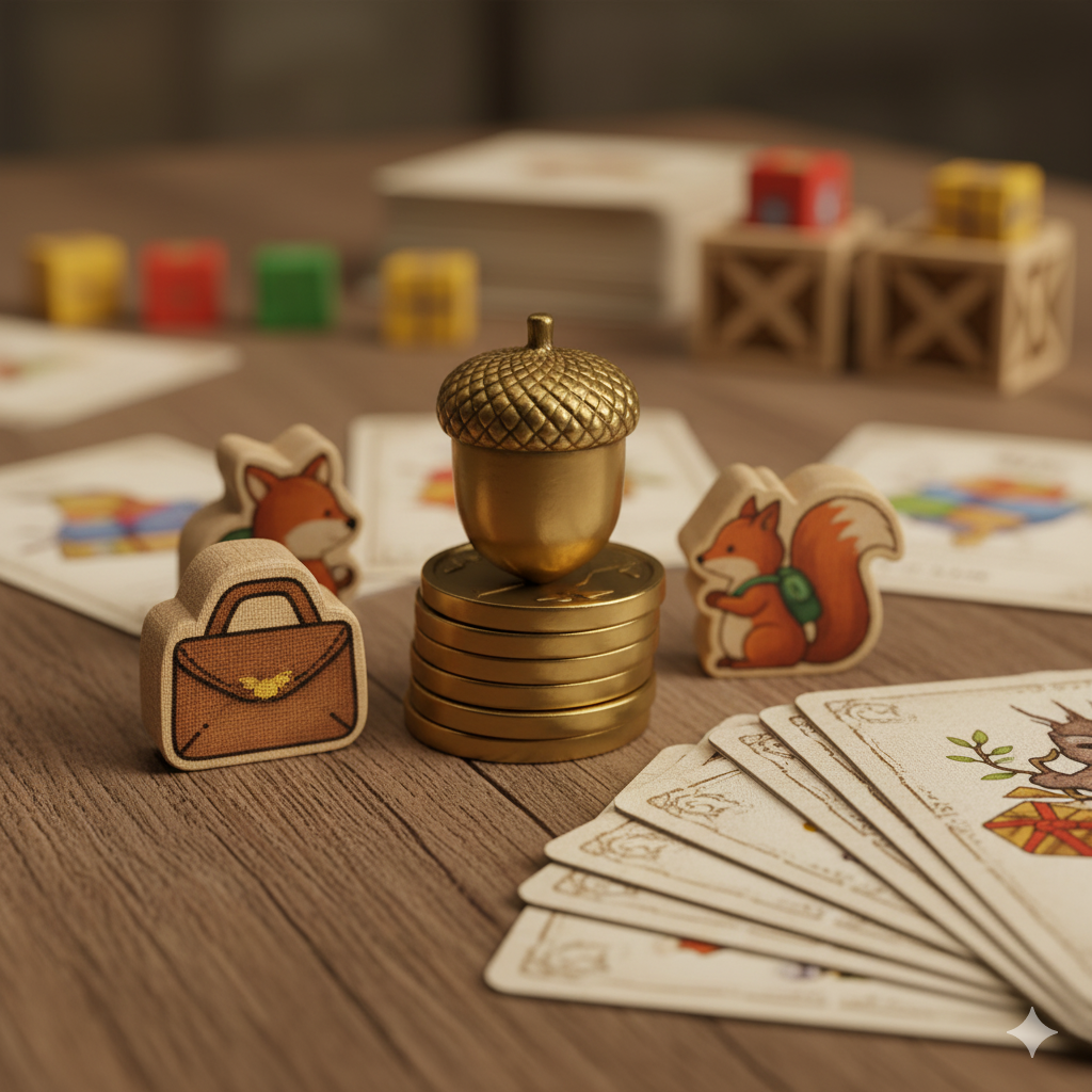 Premium Pine & Parcel components including metal acorn coins and wooden tokens