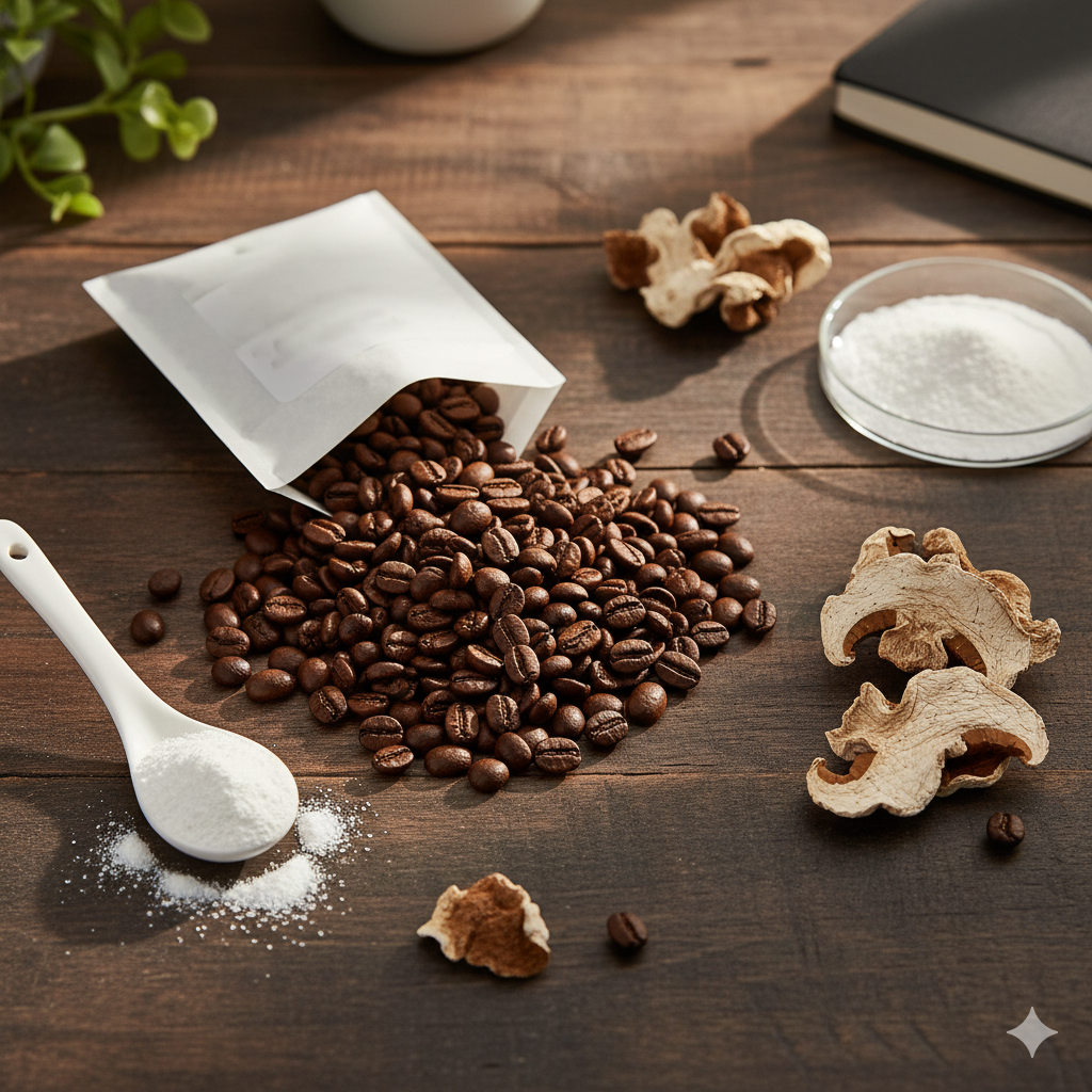 Peak Focus Coffee ingredients: specialty coffee beans, L-theanine, and lion's mane mushrooms