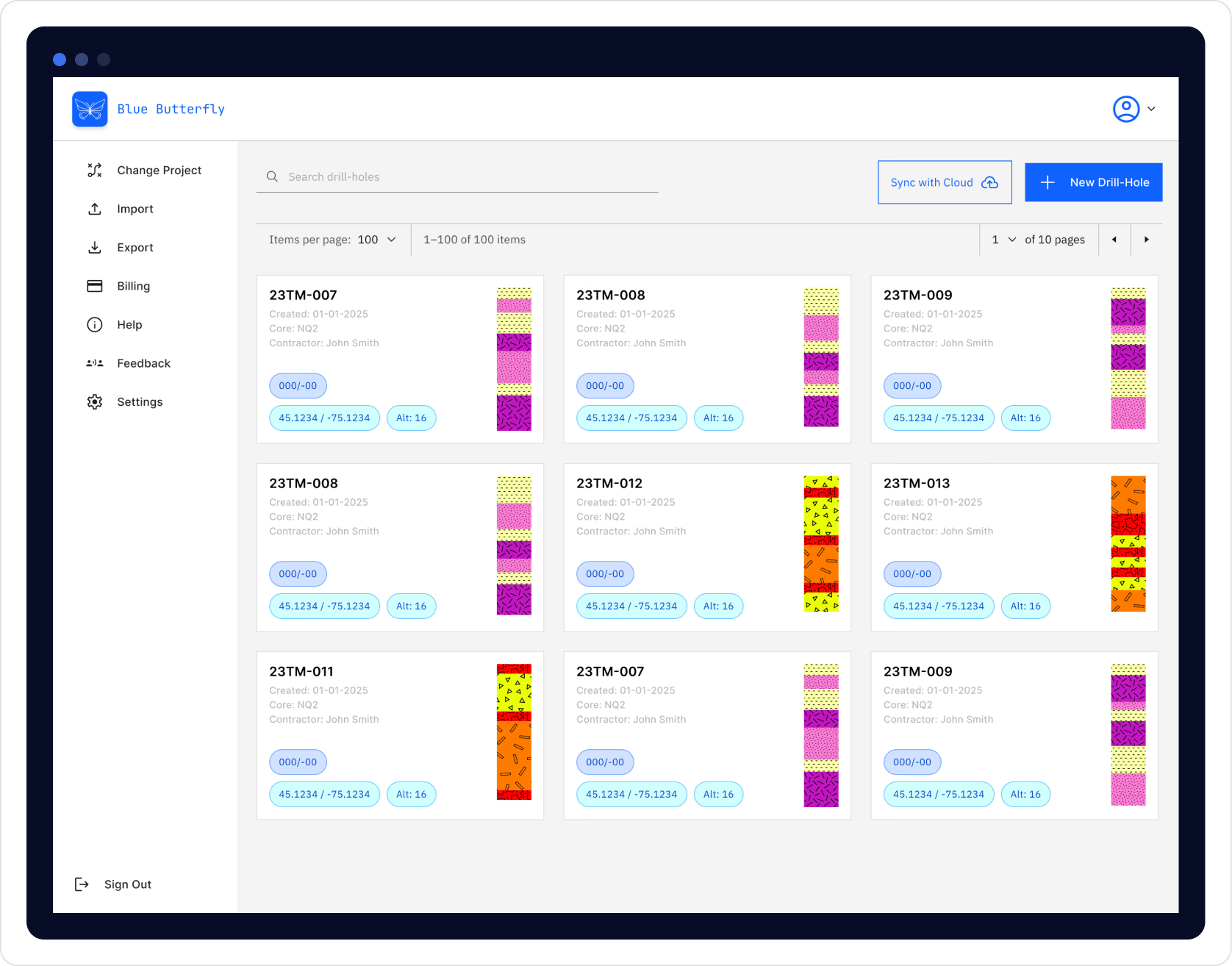 Blue Butterfly drill hole management dashboard showing geological data