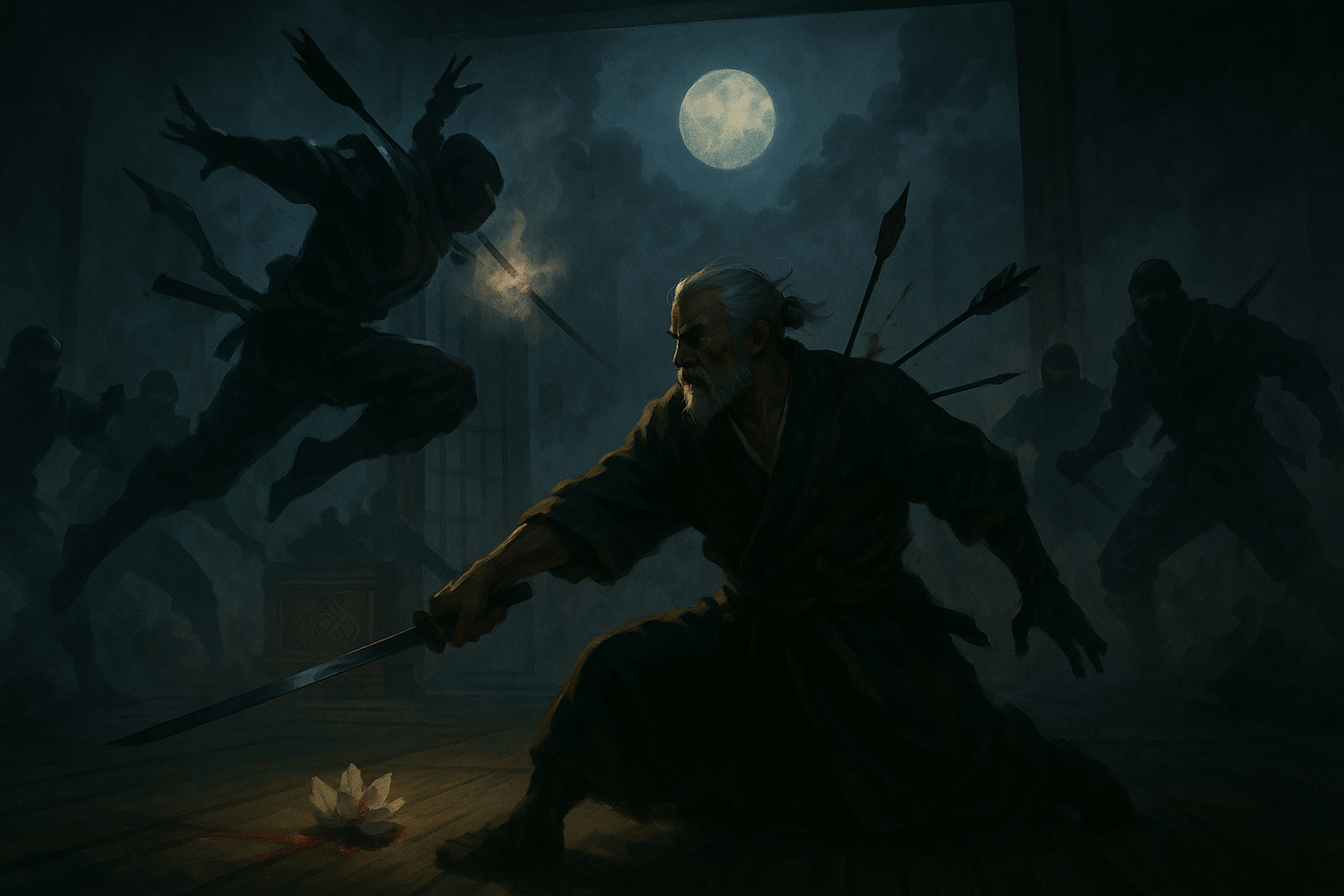 Night raid and ninja confrontation scene