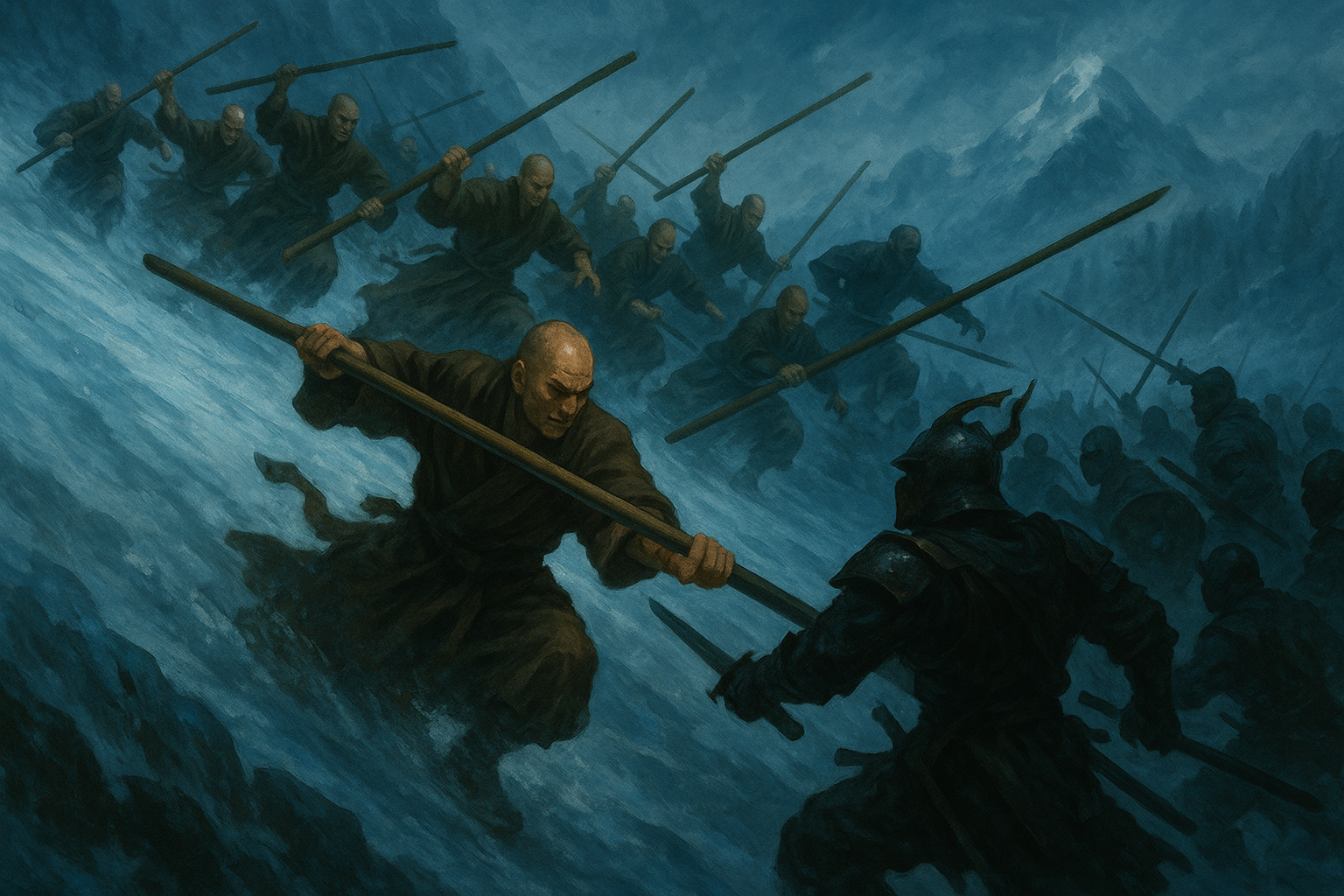 Monks descending glacial slopes in epic battle formation
